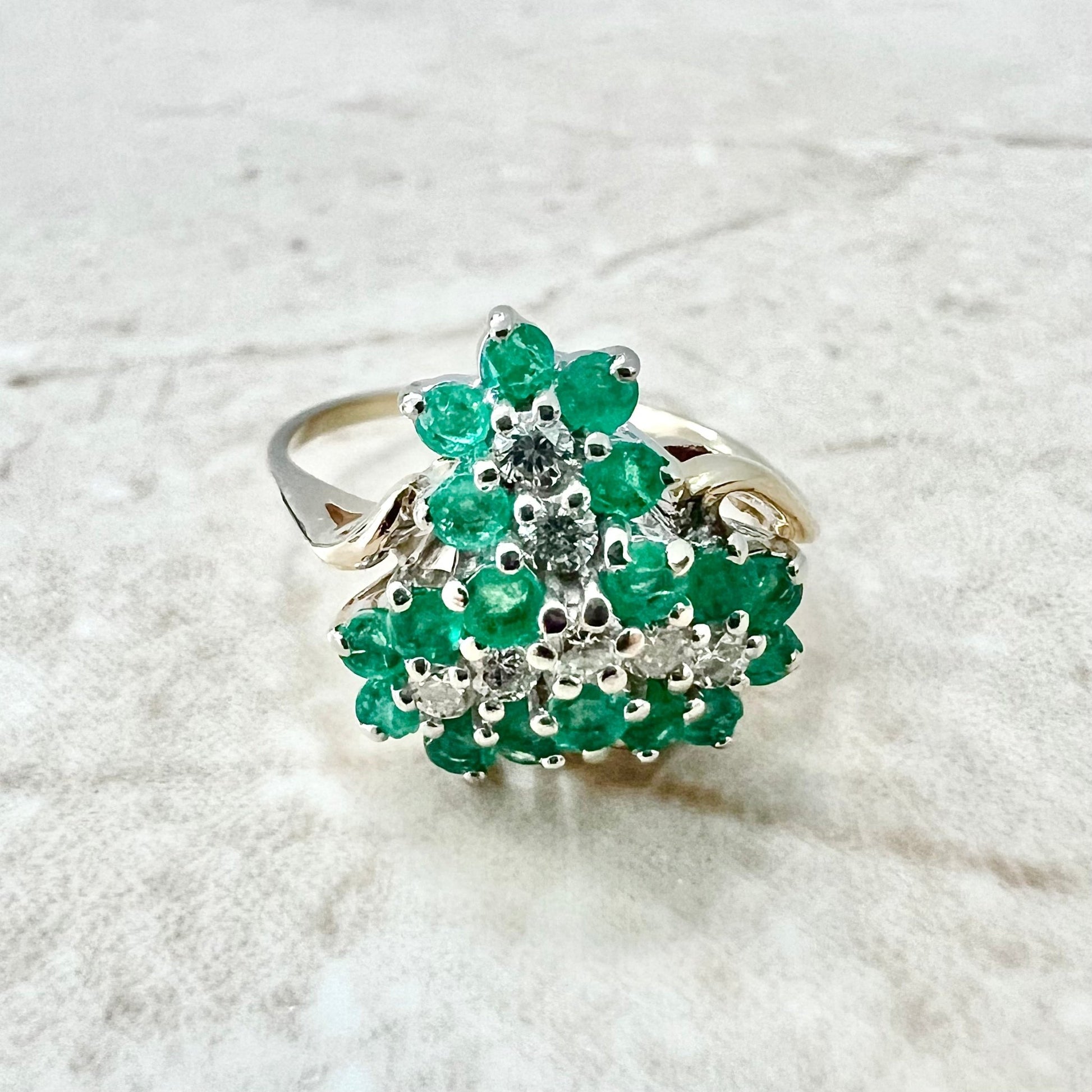 Vintage 14 Karat Yellow Gold Natural Emerald & Diamond Cluster Ring - WeilJewelry