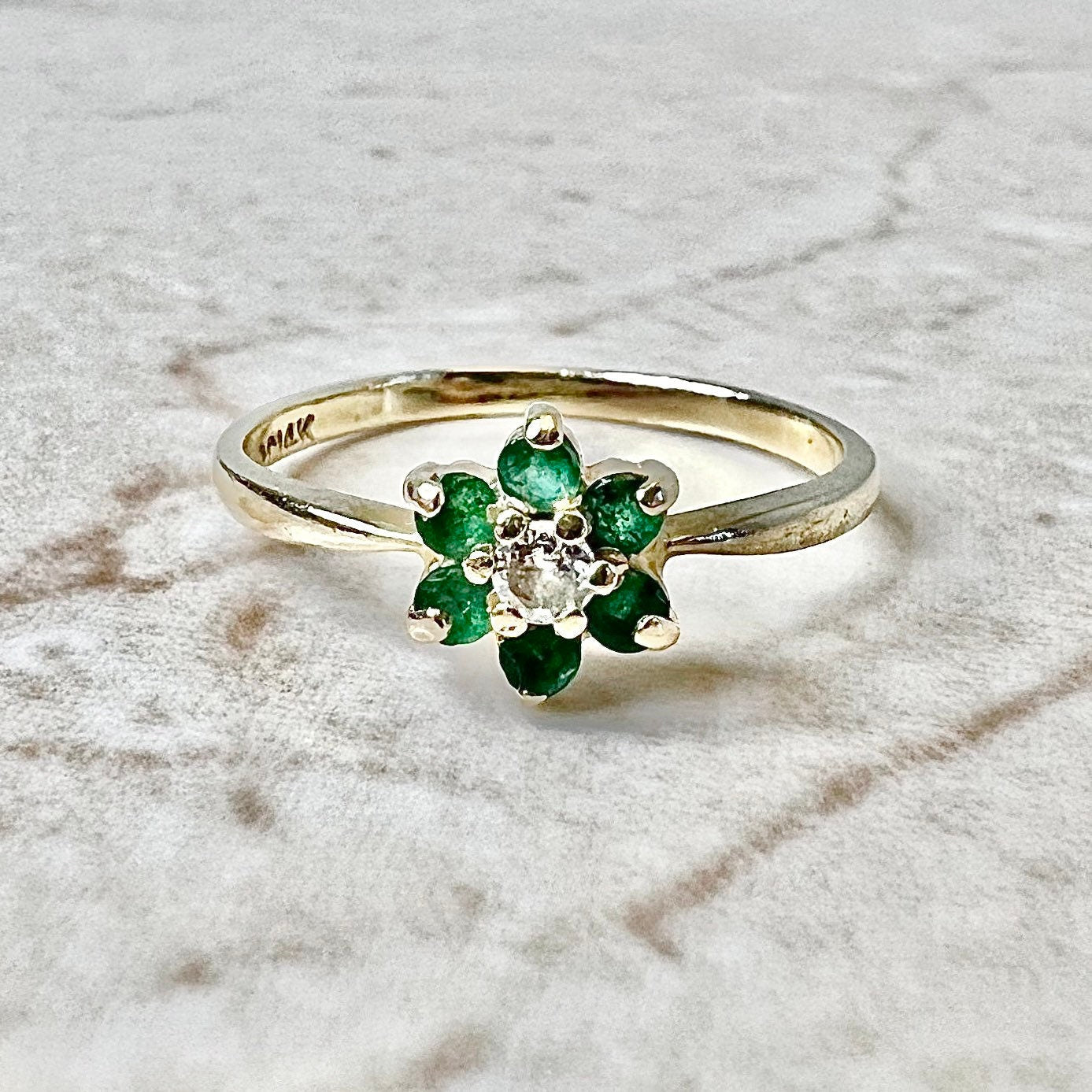 Vintage 14 Karat Yellow Gold Natural Emerald & Diamond Halo Ring - WeilJewelry