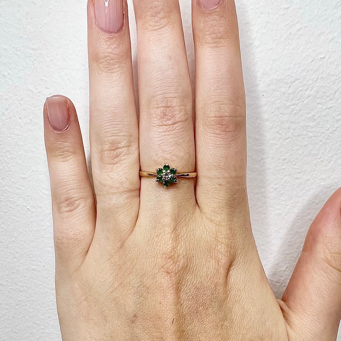 Vintage 14K Diamond & Natural Emerald Halo Ring - Yellow Gold Cocktail Ring - April May Brithstone - Holiday Gift For Her - Jewelry Sale