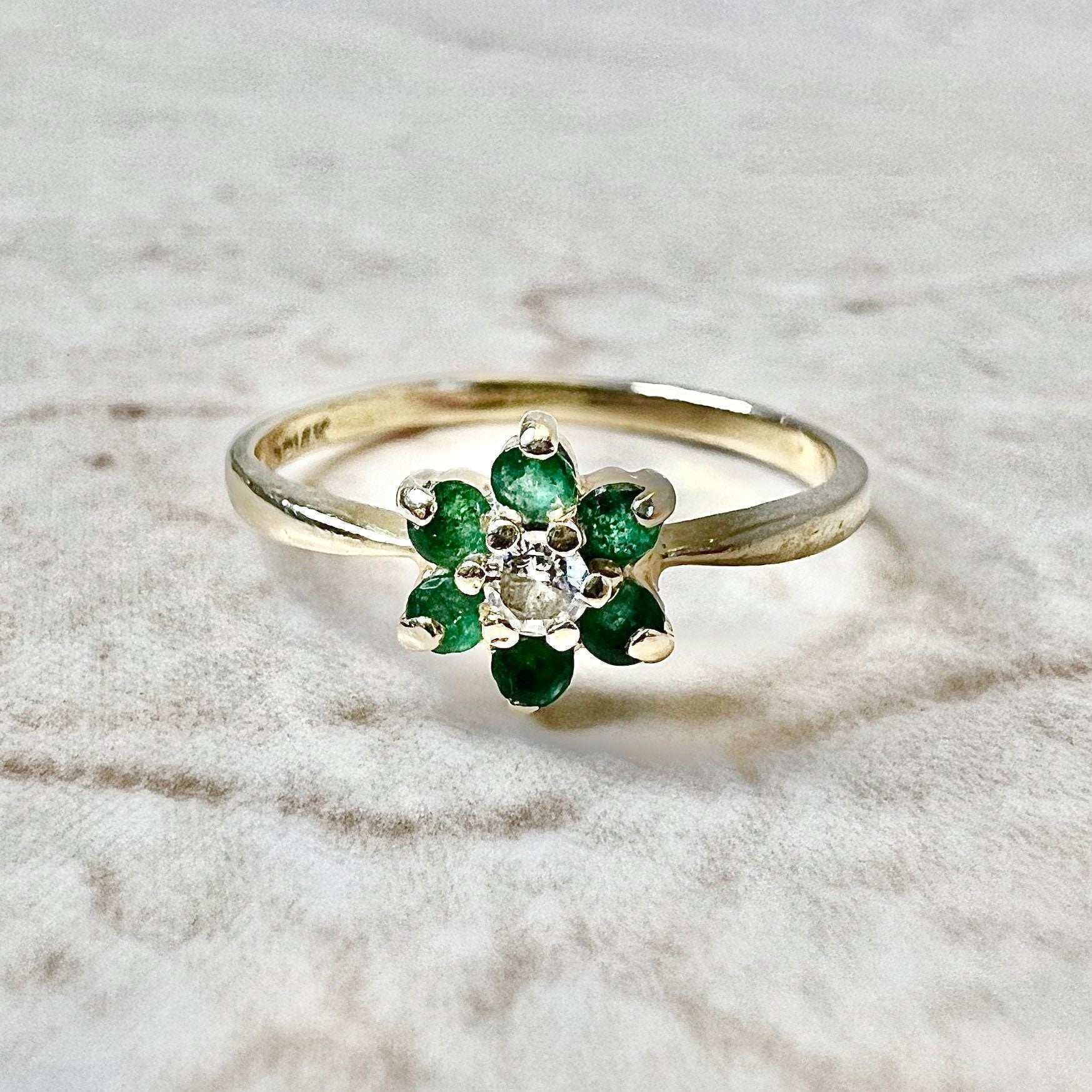 Vintage 14 Karat Yellow Gold Natural Emerald & Diamond Halo Ring - WeilJewelry