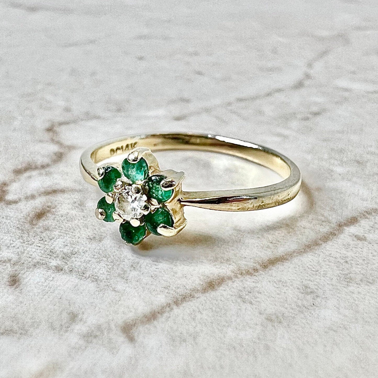 Vintage 14 Karat Yellow Gold Natural Emerald & Diamond Halo Ring - WeilJewelry