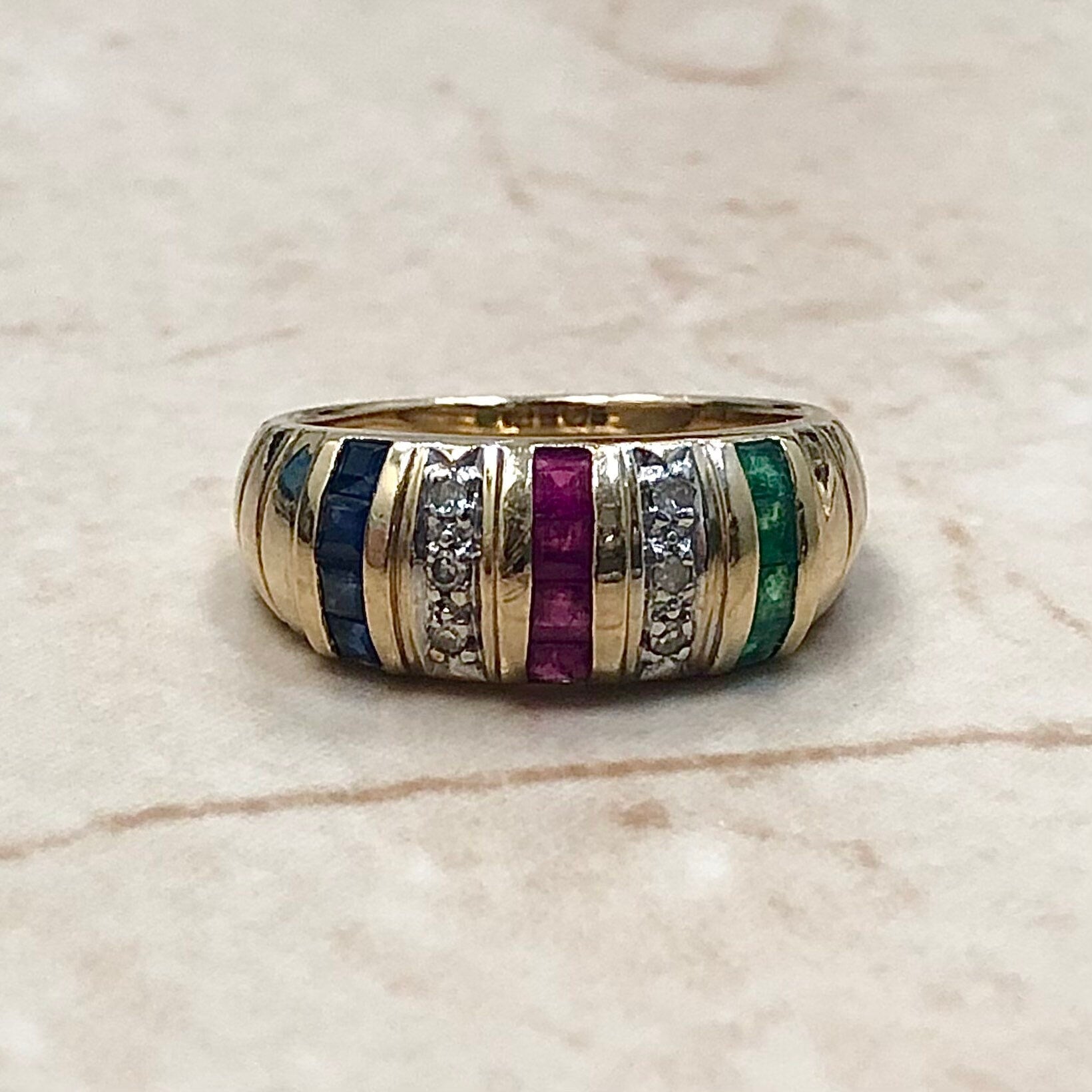 Vintage 14 Karat Yellow Gold Natural Emerald, Ruby, Sapphire & Diamond Band Ring - WeilJewelry