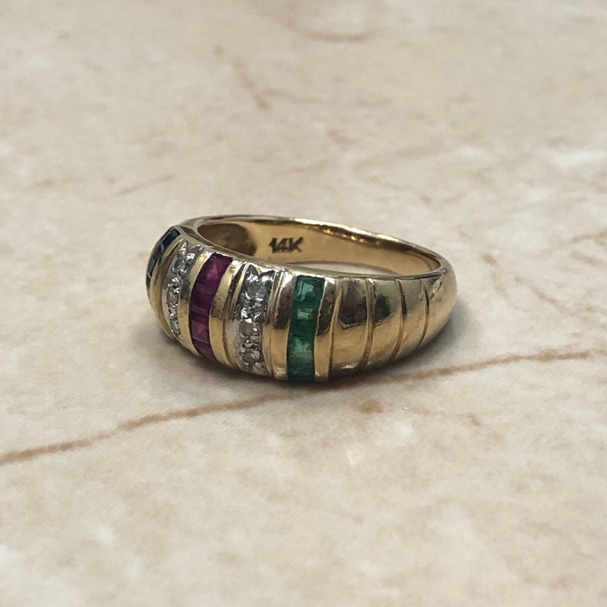 Vintage 14 Karat Yellow Gold Natural Emerald, Ruby, Sapphire & Diamond Band Ring - WeilJewelry