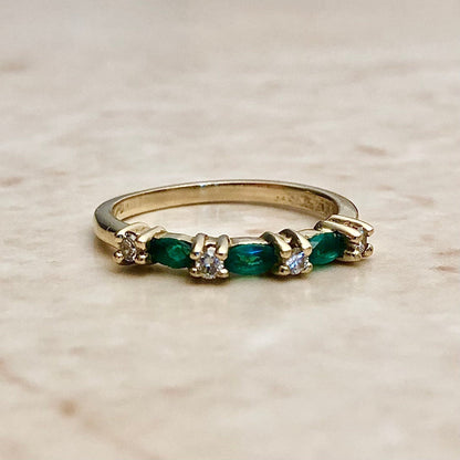 Vintage 14K Natural Marquise Emerald & Diamond Ring - Yellow Gold - Genuine Gemstone - Size 5.5