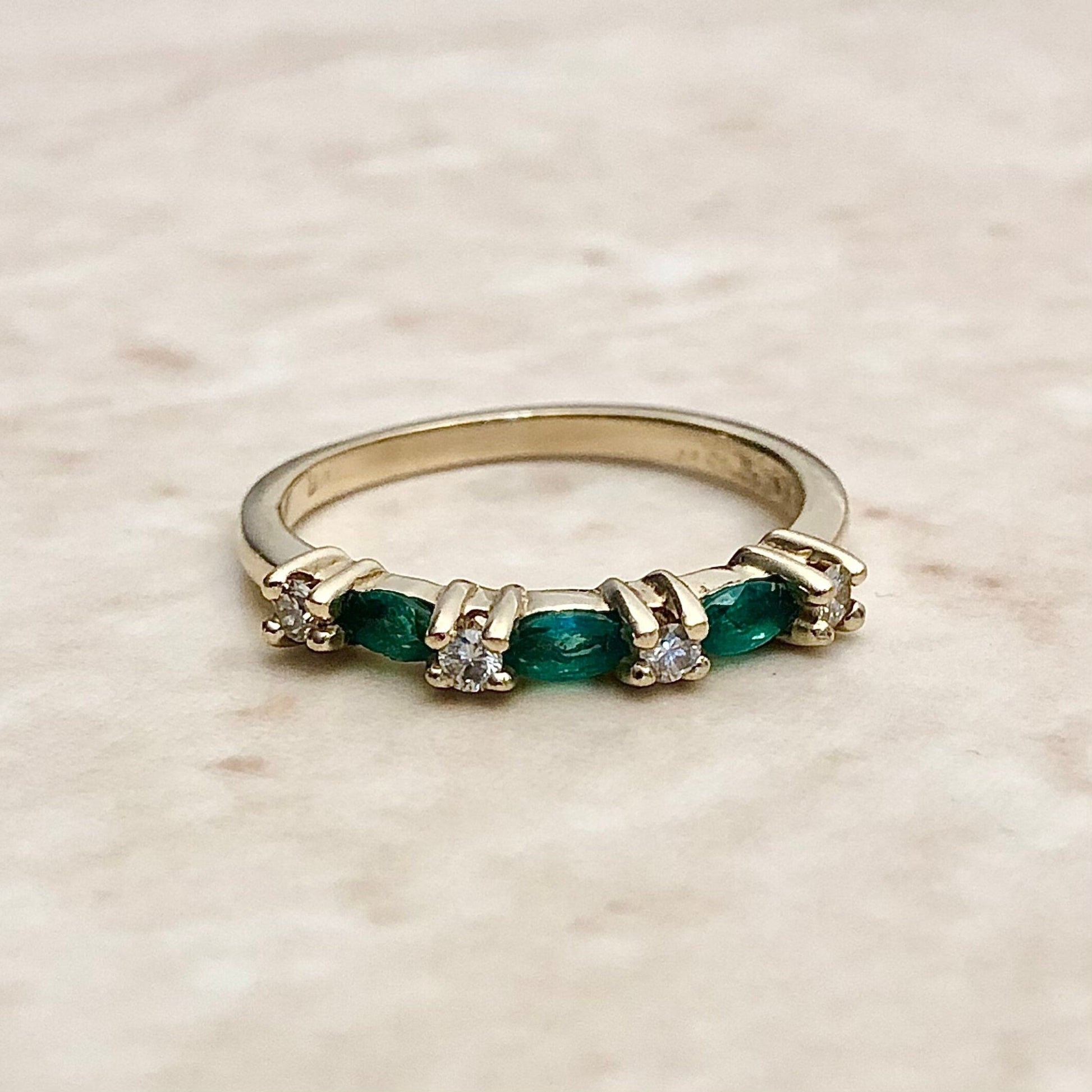 Vintage 14K Natural Marquise Emerald & Diamond Ring - Yellow Gold - Genuine Gemstone - Size 5.5