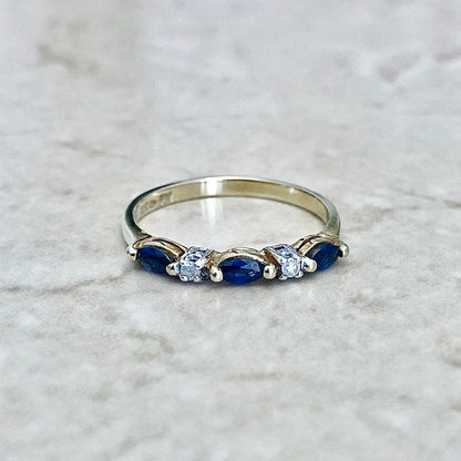 Vintage 14 Karat Yellow Gold Natural Marquise Sapphire & Diamond Band Ring - WeilJewelry