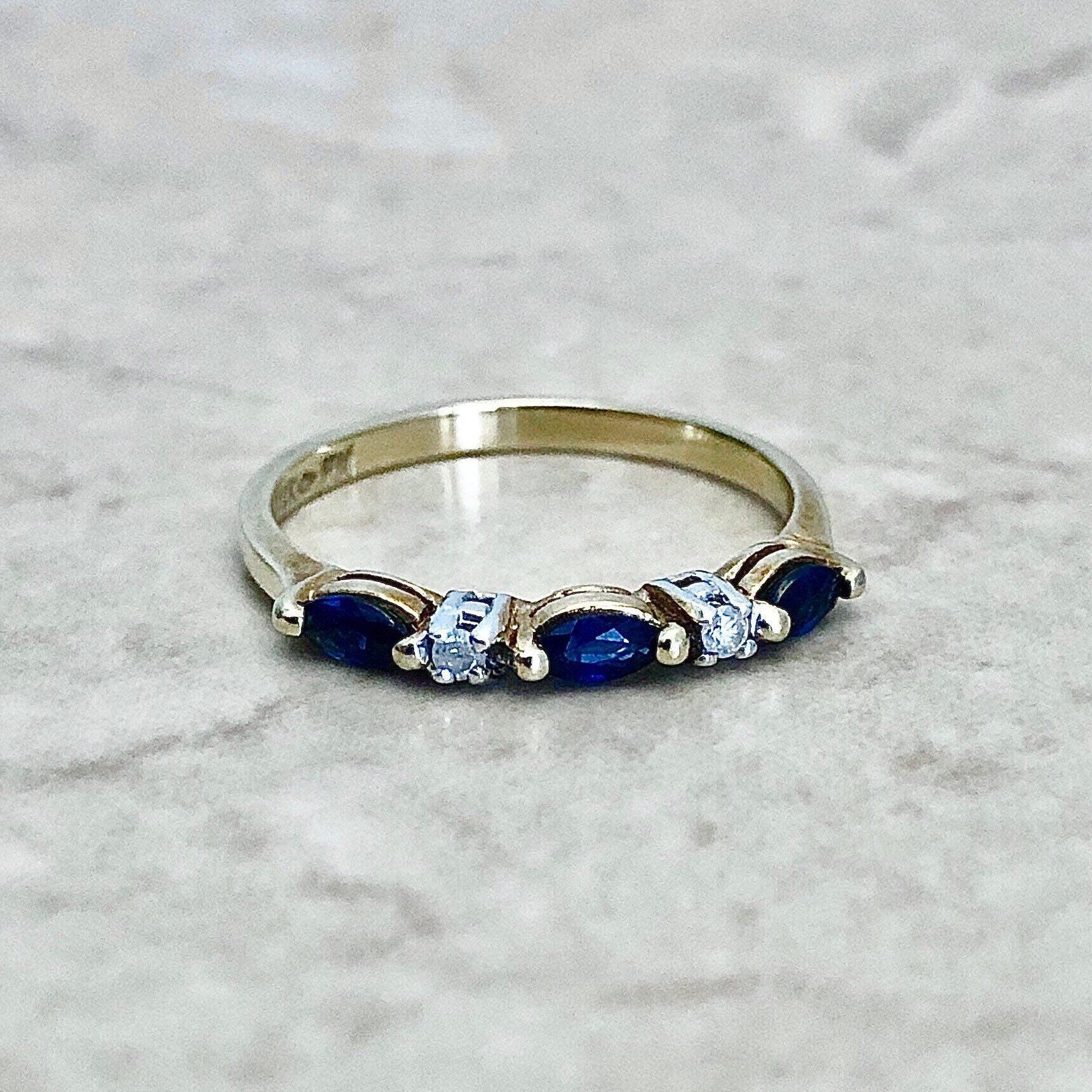 Vintage 14 Karat Yellow Gold Natural Marquise Sapphire & Diamond Band Ring - WeilJewelry