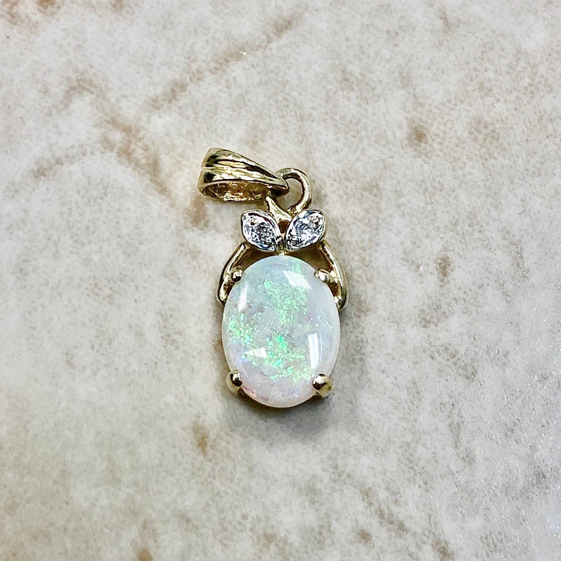 Vintage Natural Opal & Diamond Pendant Necklace - 14K Two Tone Gold - October Birthstone - Birthday Gift