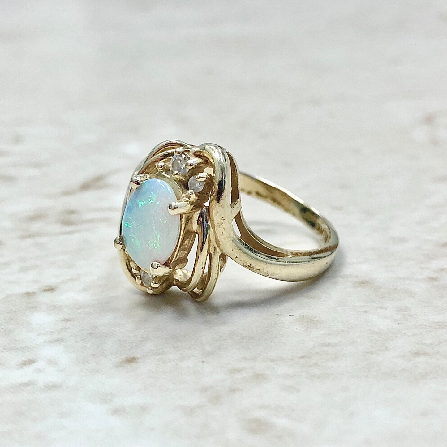 Fine Vintage Natural Opal And Diamond Ring - 14 Karat Yellow Gold - October Birthstone - Birthday Gift - Best Gifts For Her - Size 6.25 US