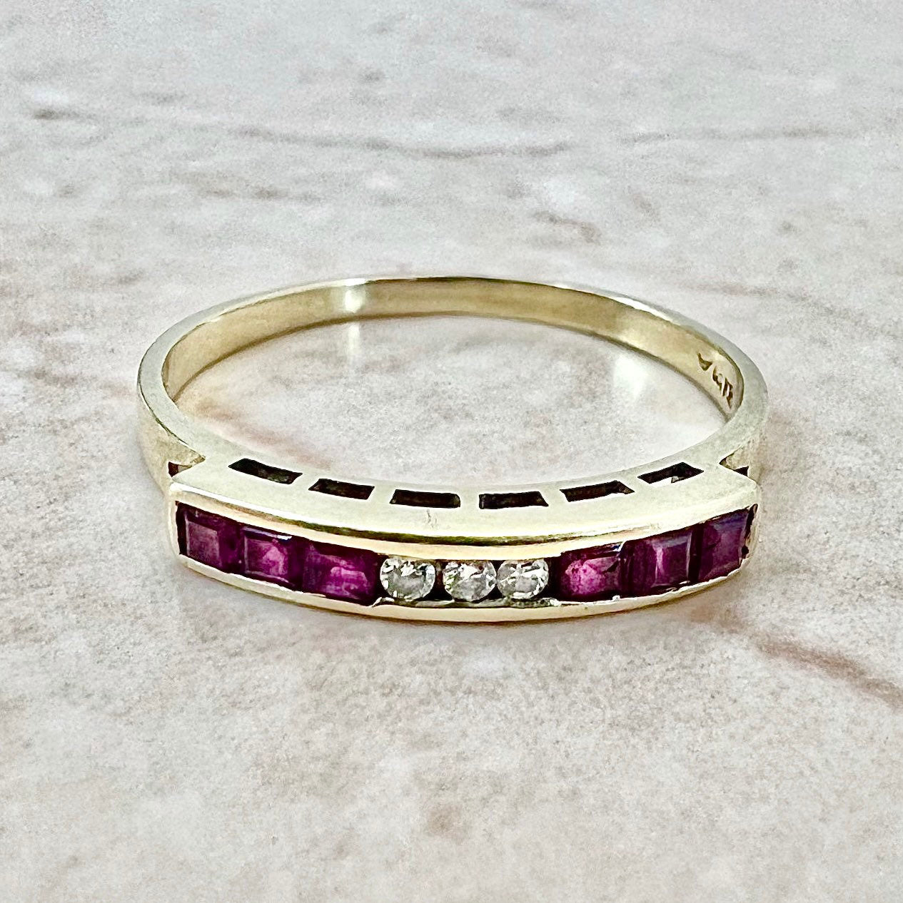 Vintage 14 Karat Yellow Gold Natural Ruby & Diamond Band Ring - WeilJewelry