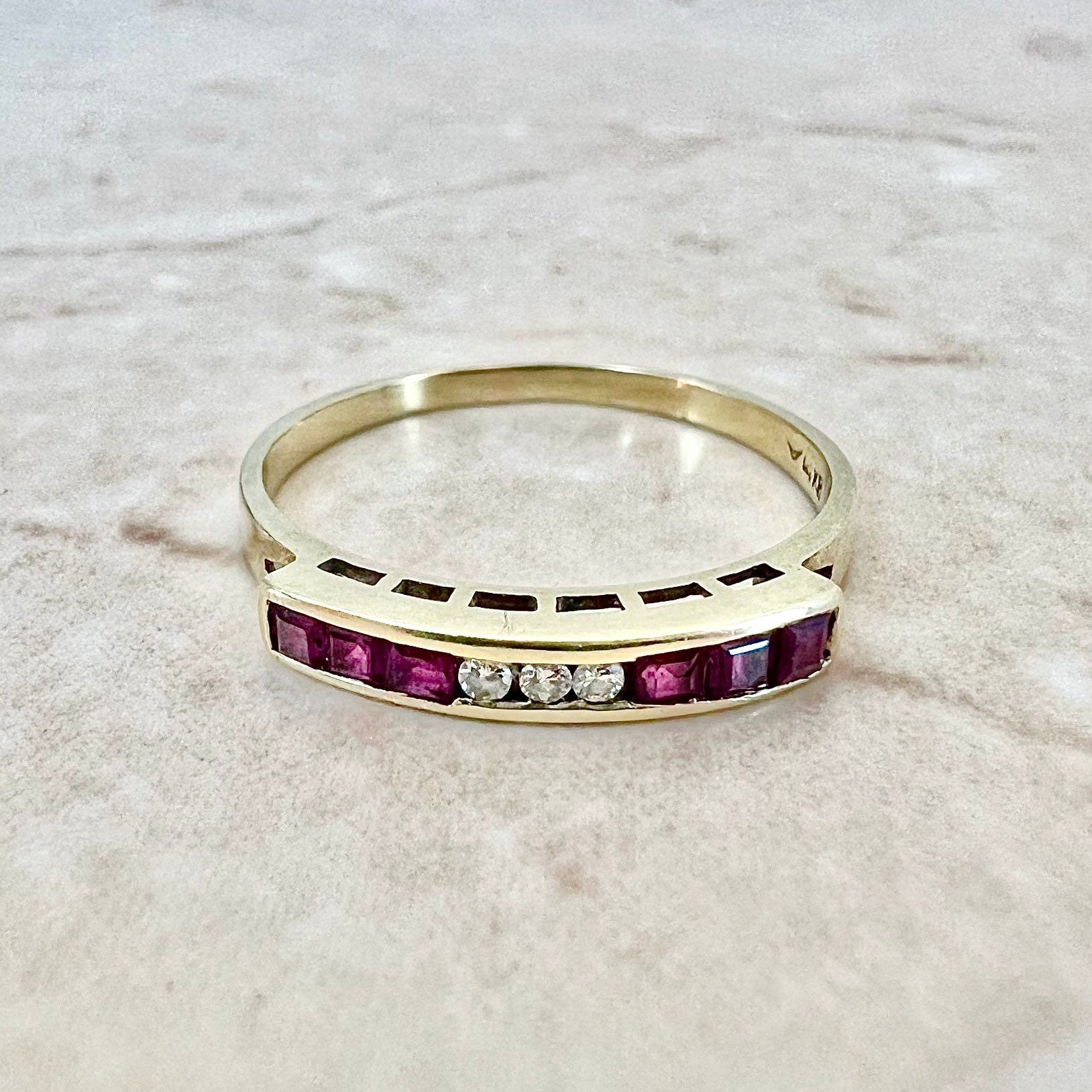 Vintage 14K Natural Ruby & Diamond Band Ring - Yellow Gold Ruby Ring - July Birthstone - Birthday Gift -Best Gift For Her