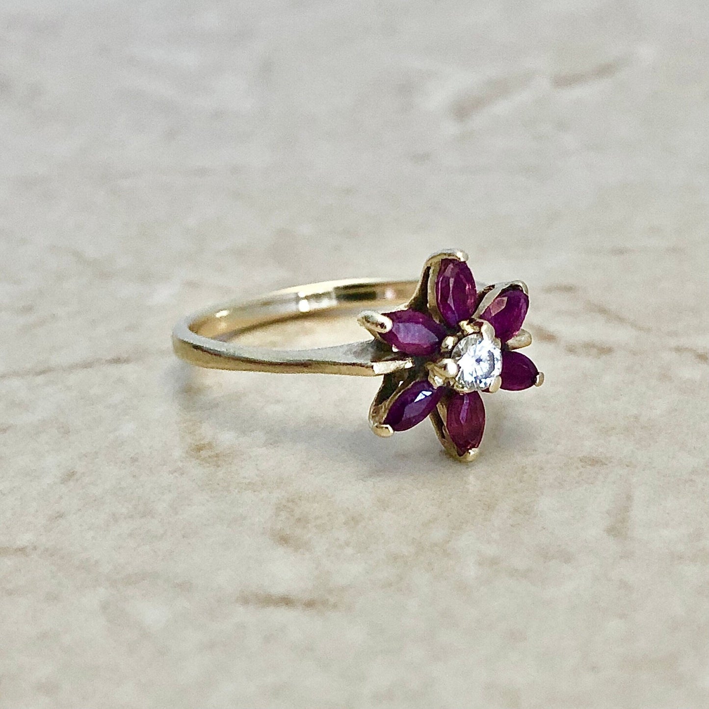 Vintage 14 Karat Yellow Gold Natural Ruby & Diamond Flower Halo Ring - WeilJewelry