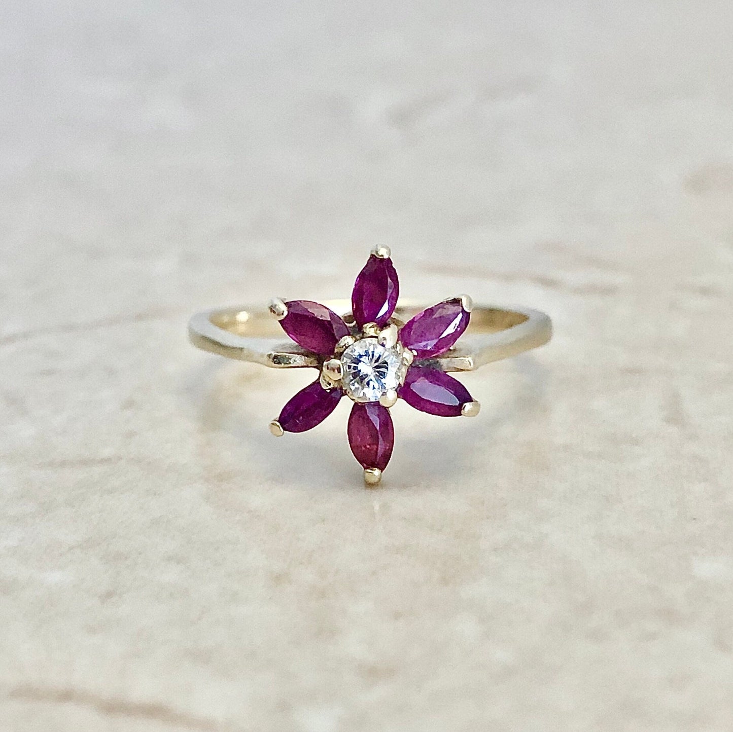 Vintage 14 Karat Yellow Gold Natural Ruby & Diamond Flower Halo Ring - WeilJewelry