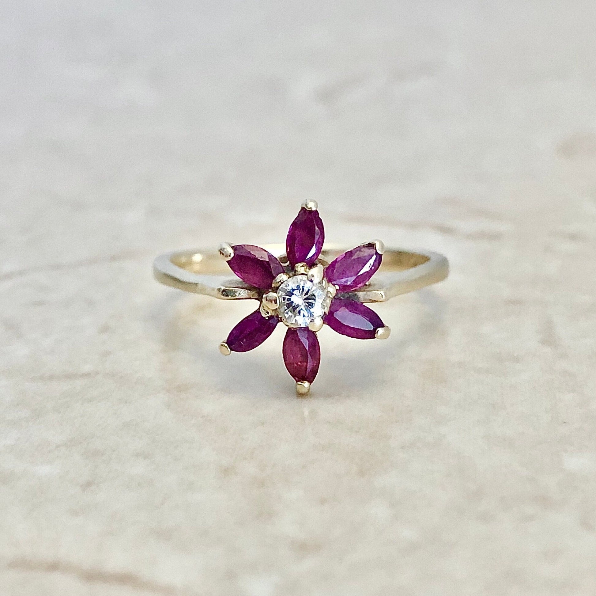 Vintage 14 Karat Yellow Gold Natural Ruby & Diamond Flower Halo Ring - WeilJewelry