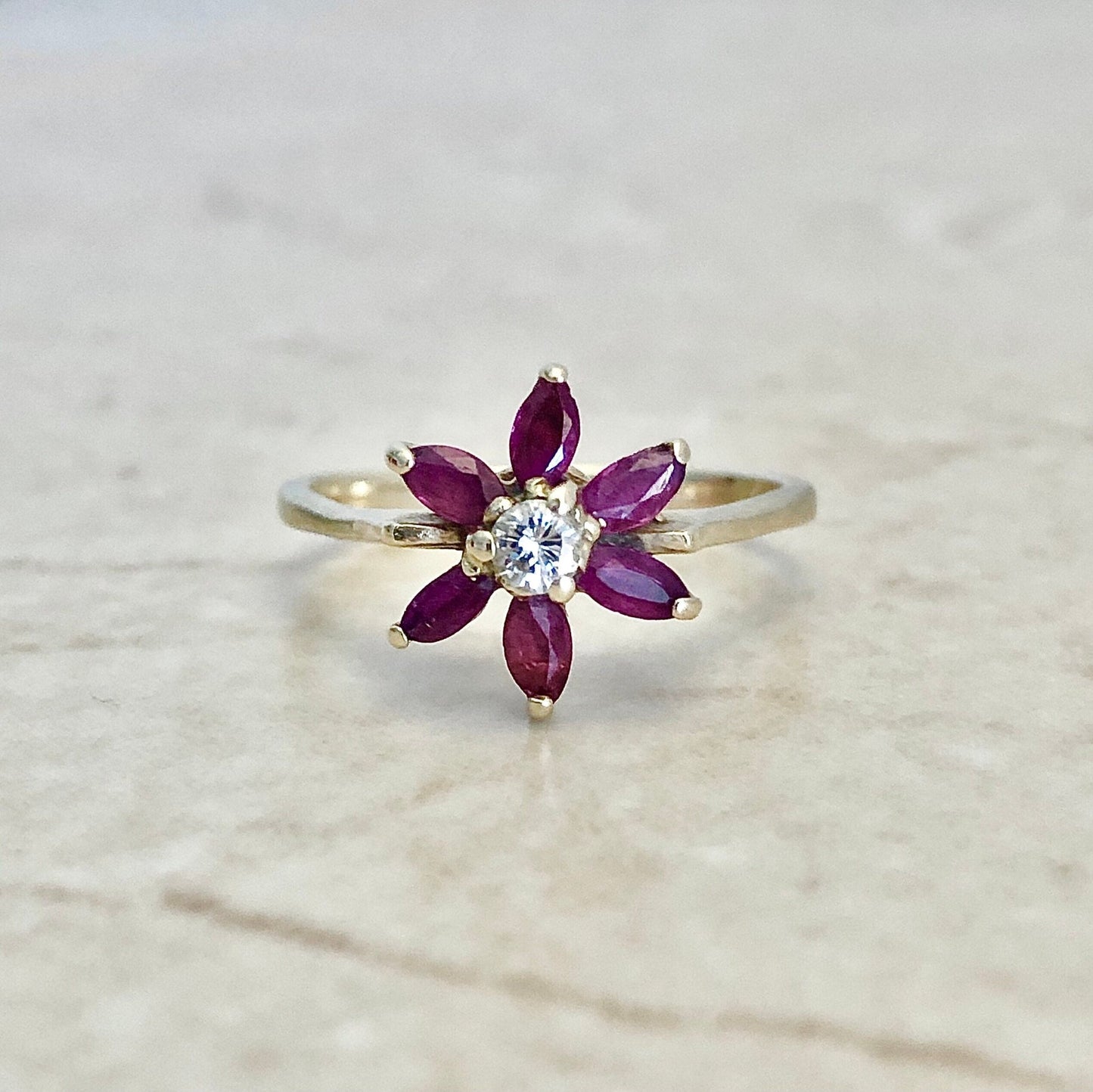 Vintage 14 Karat Yellow Gold Natural Ruby & Diamond Flower Halo Ring - WeilJewelry