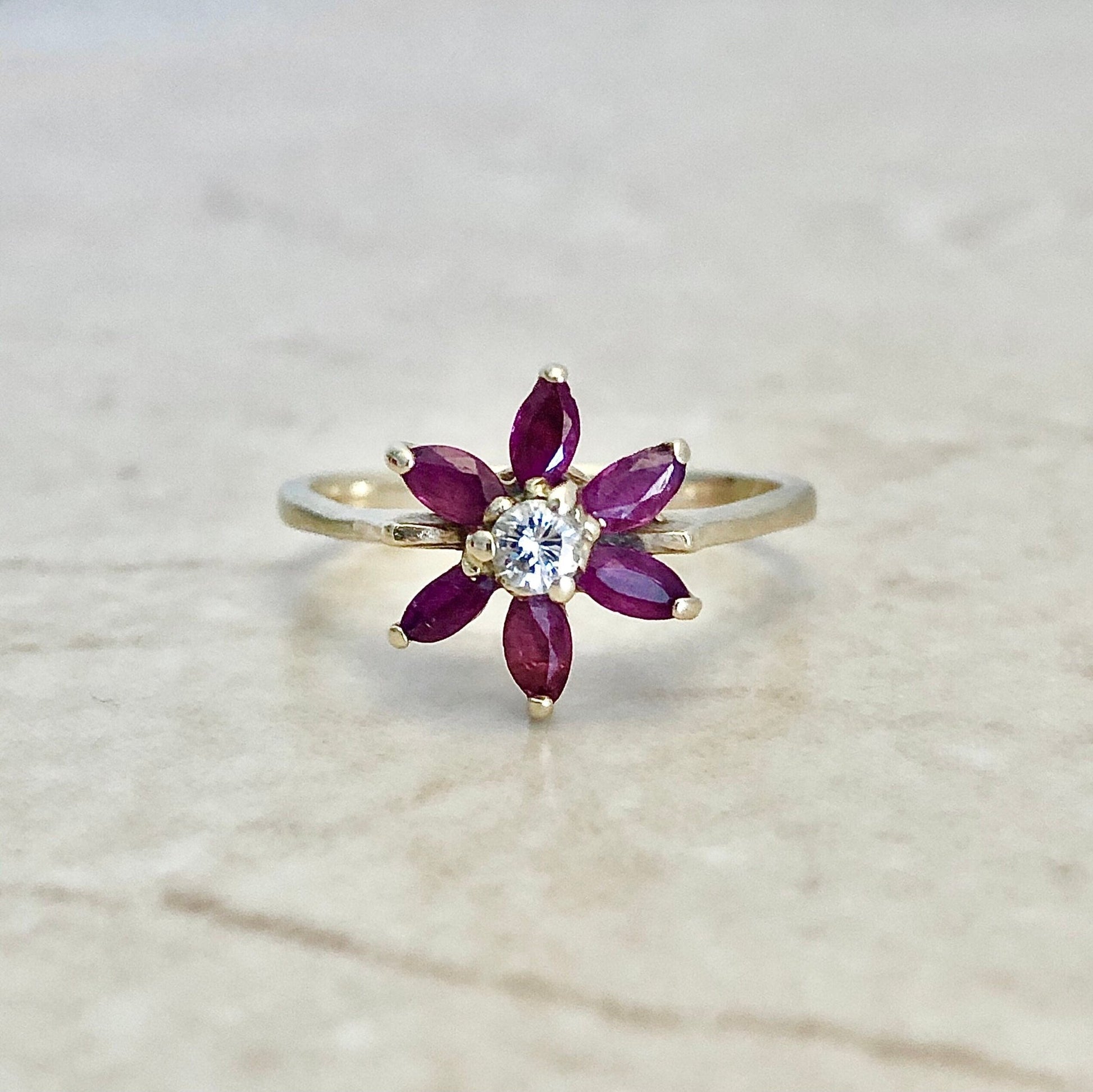 Vintage 14 Karat Yellow Gold Natural Ruby & Diamond Flower Halo Ring - WeilJewelry