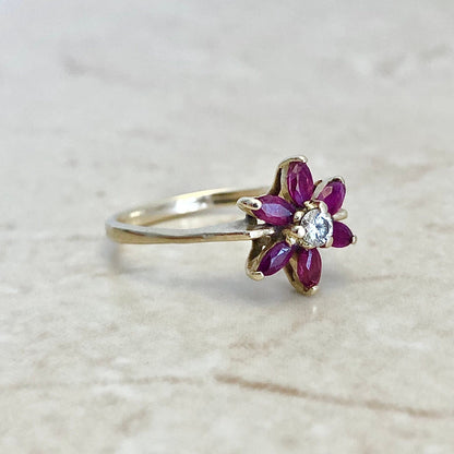 Vintage 14 Karat Yellow Gold Natural Ruby & Diamond Flower Halo Ring - WeilJewelry