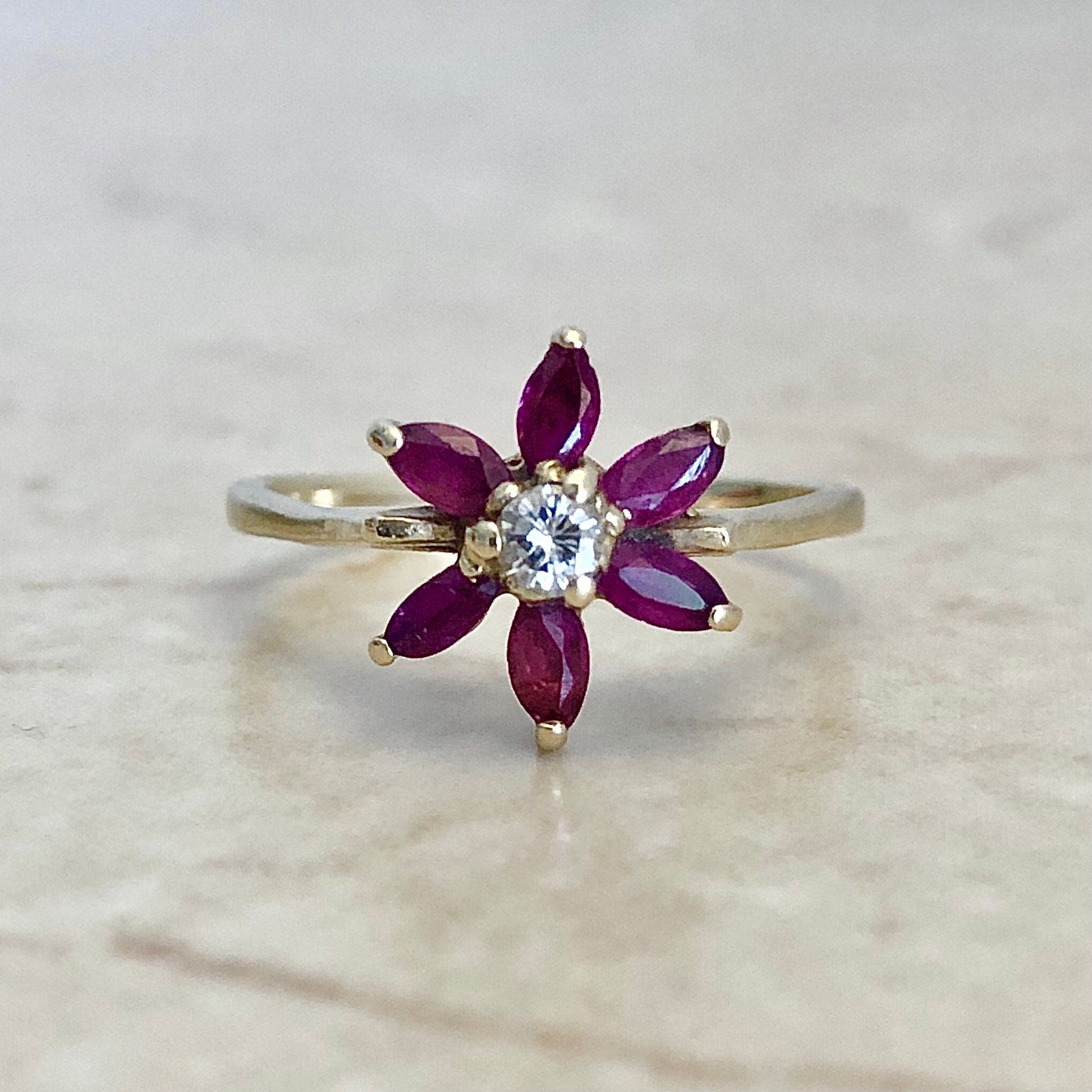 Vintage 14 Karat Yellow Gold Natural Ruby & Diamond Flower Halo Ring - WeilJewelry