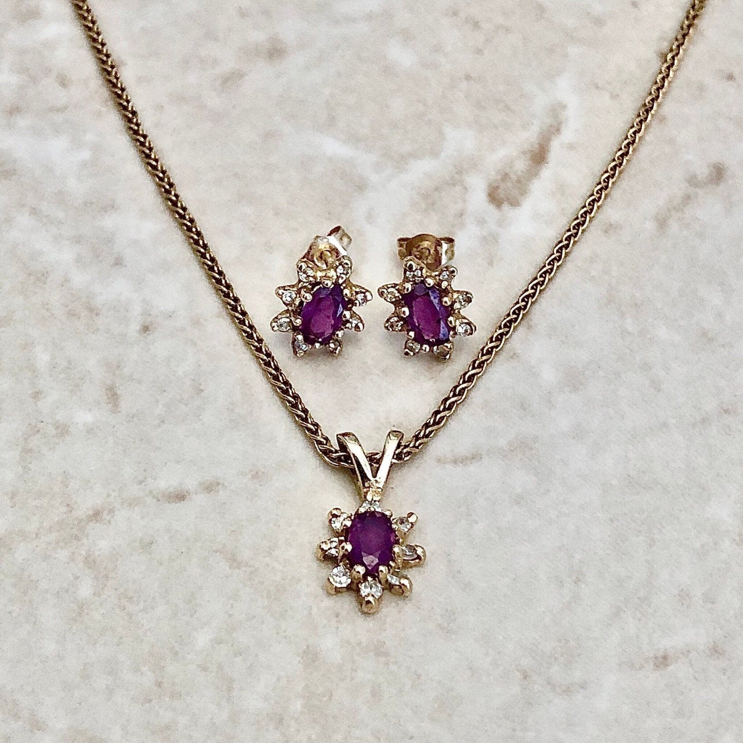 Vintage Natural Ruby & Diamond Halo Pendant And Earrings Set - 14 Karat Yellow Gold - July Birthstone - Birthday Gift - Necklace - Studs