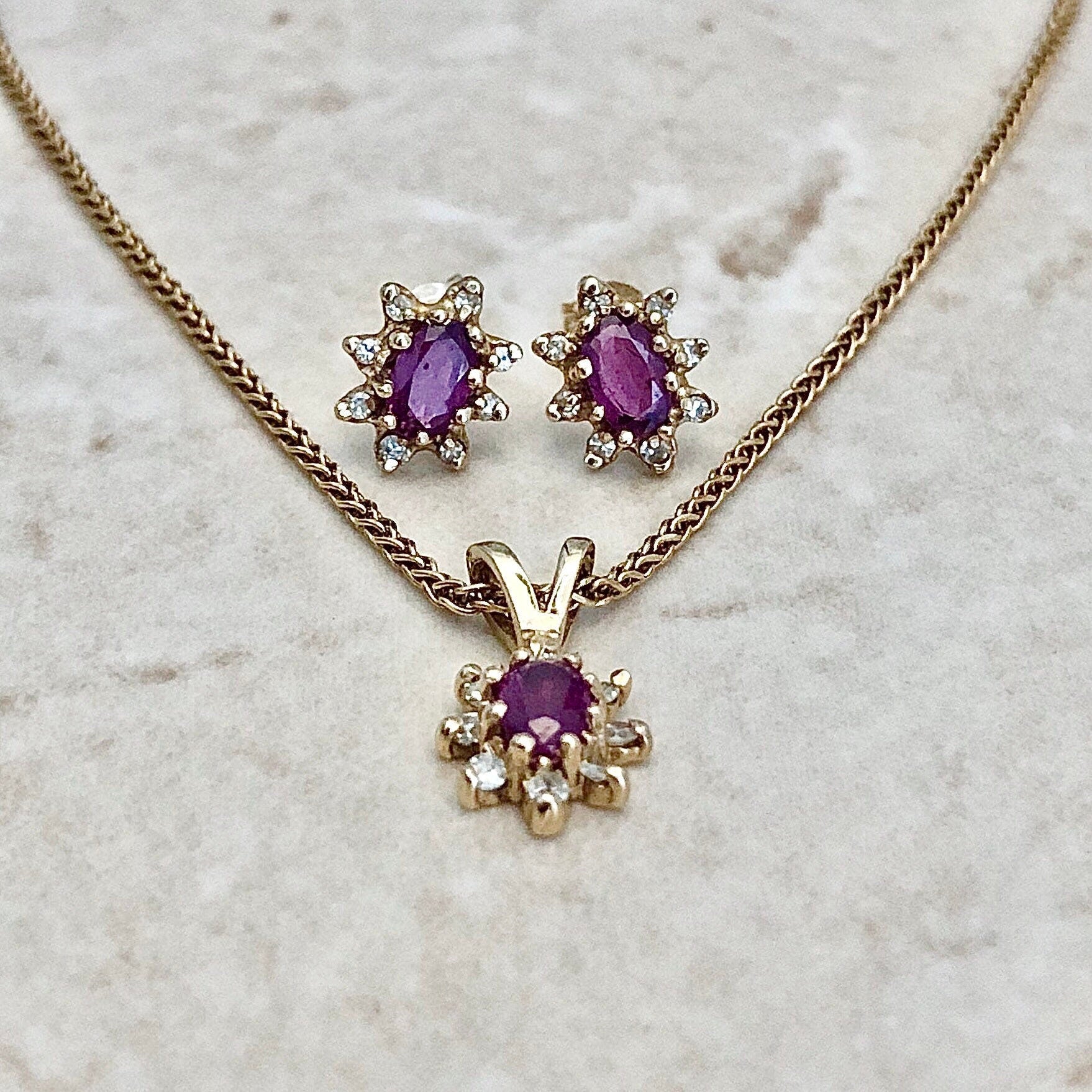 Vintage Natural Ruby & Diamond Halo Pendant And Earrings Set - 14 Karat Yellow Gold - July Birthstone - Birthday Gift - Necklace - Studs