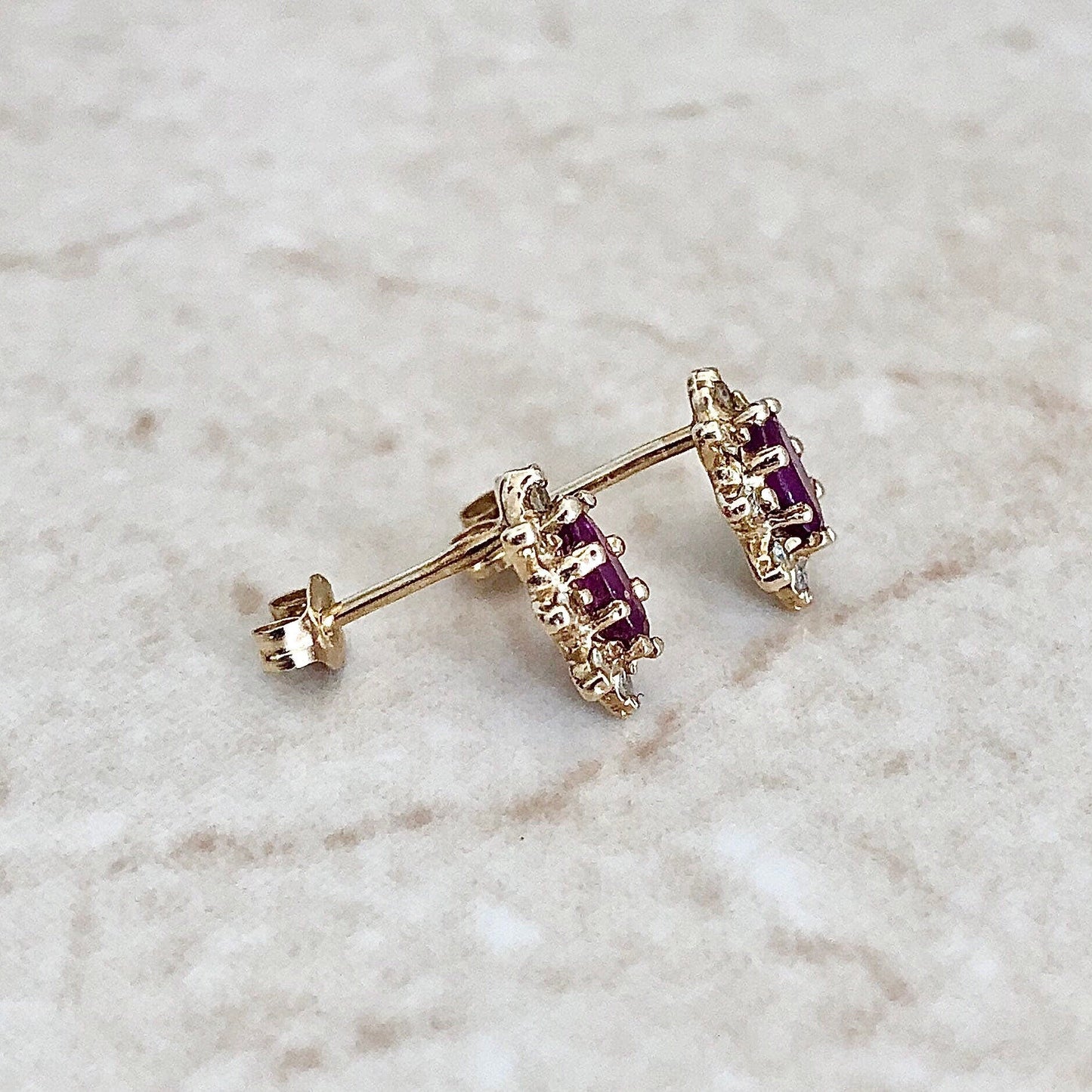 Vintage Natural Ruby & Diamond Stud Earrings - 14 Karat Yellow Gold - Ruby Studs - Vintage Earrings - July Birthstone - Birthday Gift