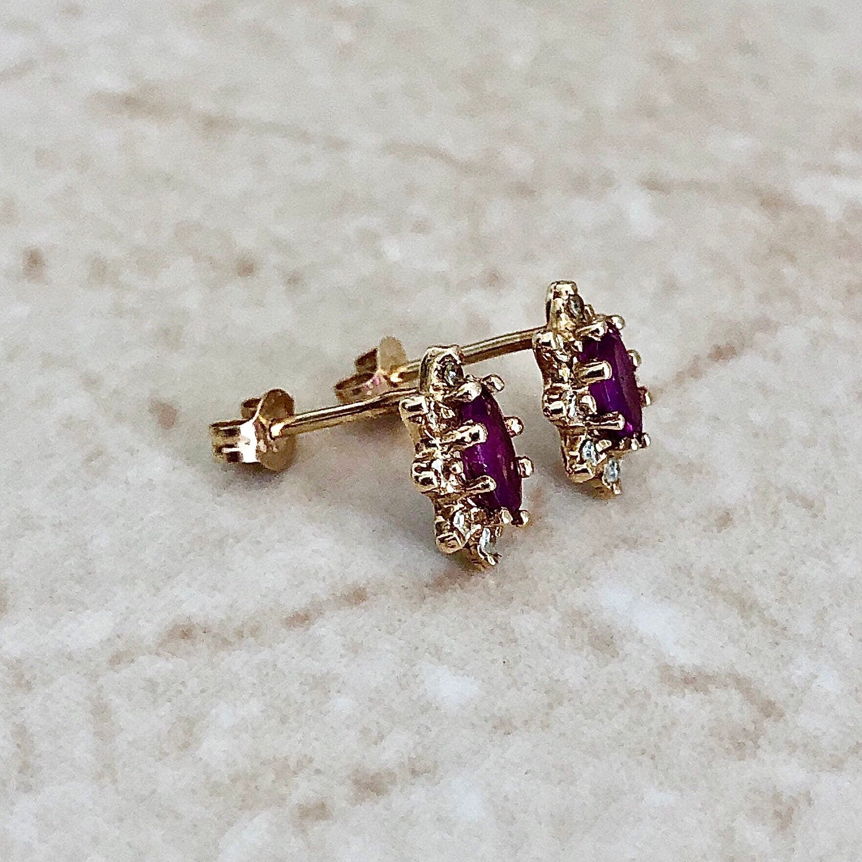 Vintage Natural Ruby & Diamond Stud Earrings - 14 Karat Yellow Gold - Ruby Studs - Vintage Earrings - July Birthstone - Birthday Gift