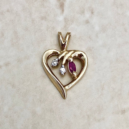 Vintage 14 Karat Yellow Gold Natural Ruby & Diamond Heart Pendant - WeilJewelry