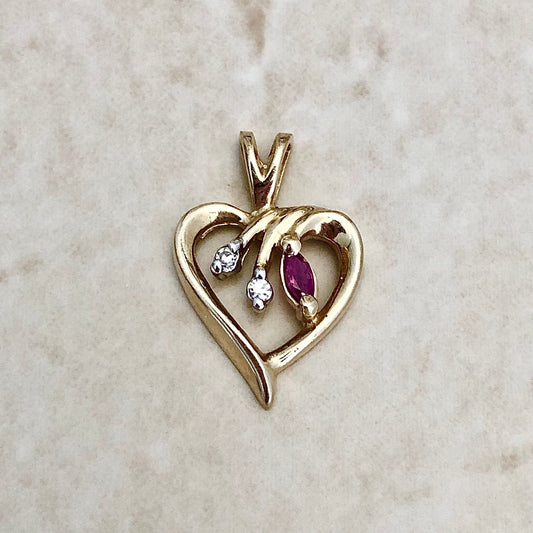 Vintage Natural Ruby & Diamond Heart Pendant Necklace - 14K Yellow And White Gold - Genuine Gemstone Pendant - July Birthstone