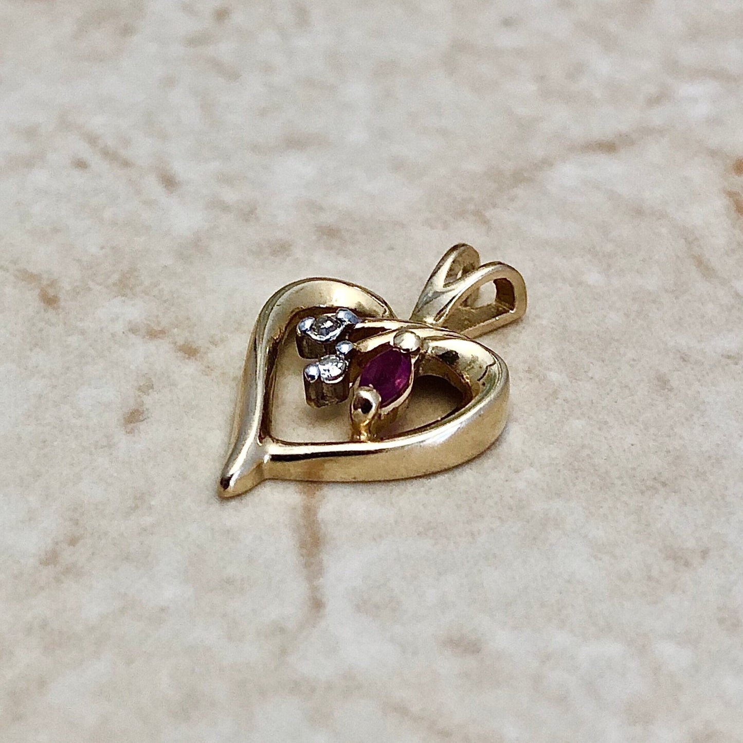 Vintage 14 Karat Yellow Gold Natural Ruby & Diamond Heart Pendant - WeilJewelry