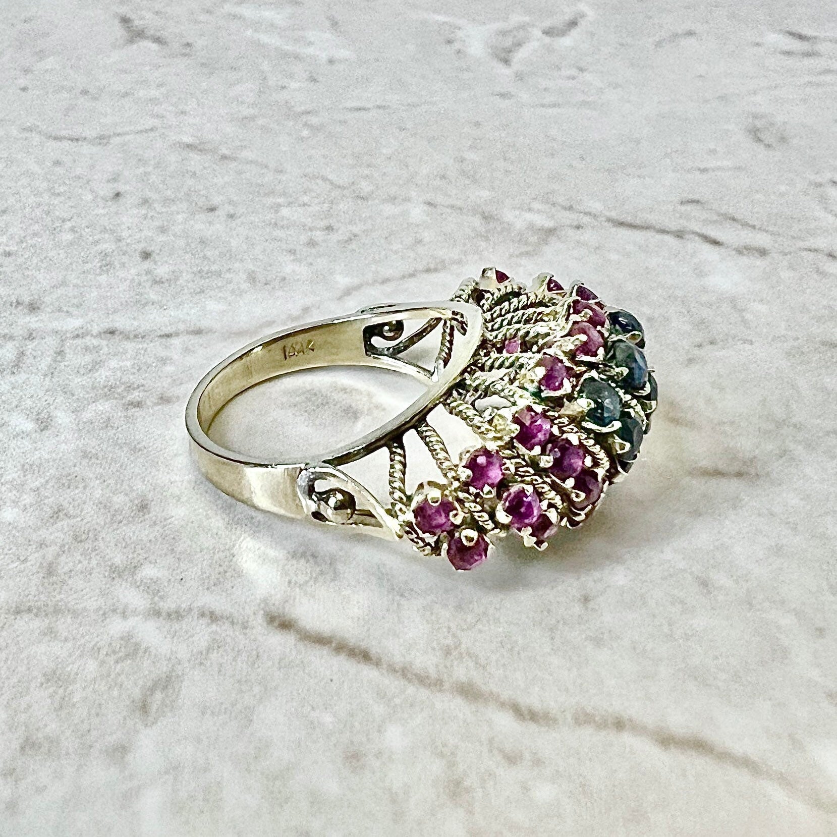 Vintage 14K Natural Ruby & Sapphire Cocktail Ring - Yellow Gold Dome Ring - Anniversary Ring - Best Birthday Gift For Her Size 6.50+ US
