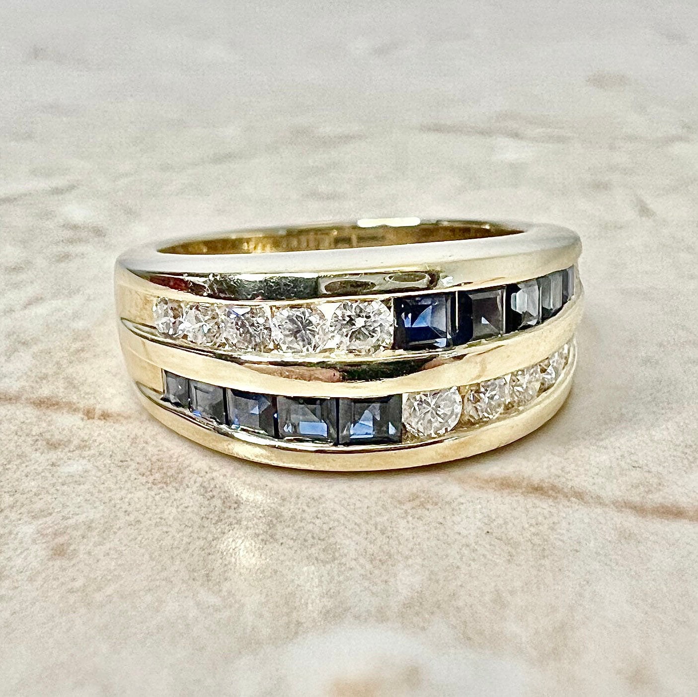 Vintage 14K Natural Sapphire & Diamond Band Ring In Yellow Gold - September Birthstone Gift - Genuine Gemstone - Birthday Gift