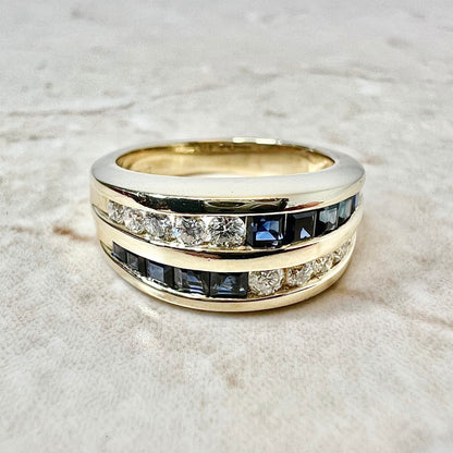Vintage 14K Natural Sapphire & Diamond Band Ring In Yellow Gold - September Birthstone Gift - Genuine Gemstone - Birthday Gift