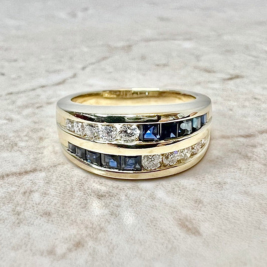 Vintage 14 Karat Yellow Gold Natural Sapphire & Diamond Band Ring - WeilJewelry