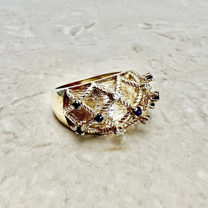 CLEARANCE 40% OFF - Vintage 14 Karat Yellow Gold Natural Sapphire & Diamond Cocktail Ring - WeilJewelry