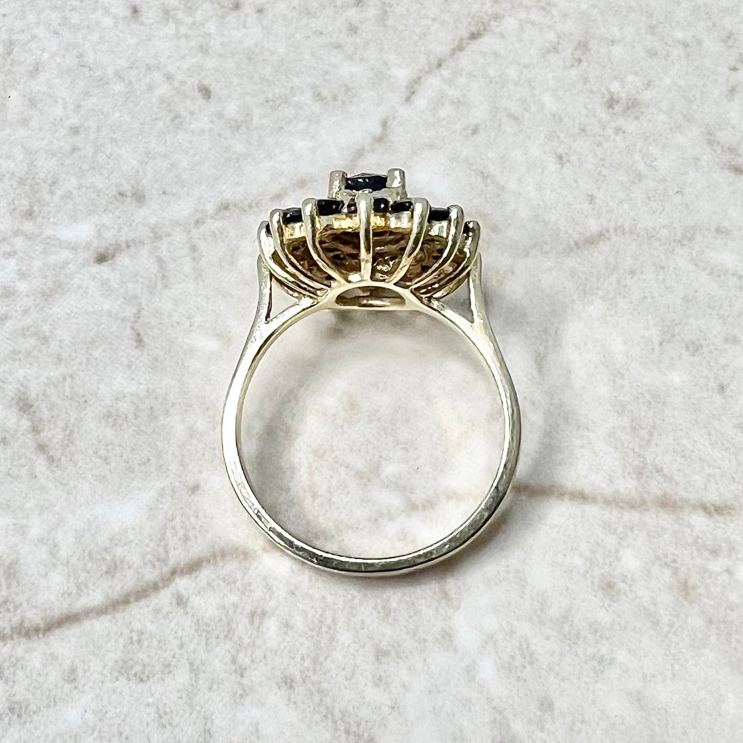 Vintage 14 Karat Yellow Gold Natural Sapphire & Diamond Double Halo Ring