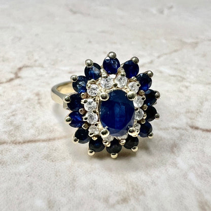Vintage 14K Diamond & Natural Sapphire Halo Ring - 14K Yellow Gold Sapphire Cocktail Ring - Blue Sapphire Ring - September Birthstone Ring
