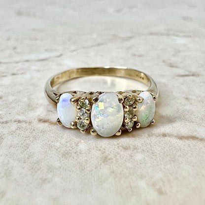 14K Three Stone Opal & Diamond Ring - Yellow Gold Cocktail Ring - October Birthstone - Opal Rings - Birthday Gift - Best Gift For Her
