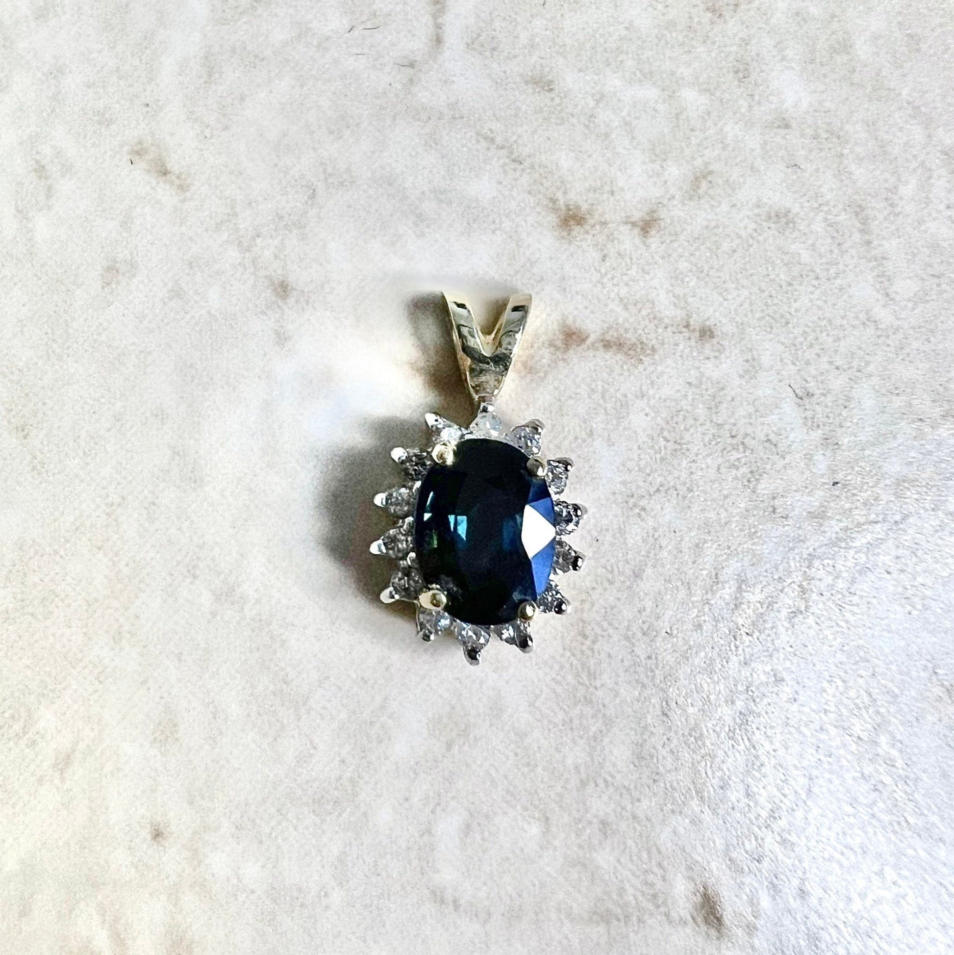 Vintage 14 Karat Yellow Gold Oval Blue Sapphire & Diamond Halo Pendant - WeilJewelry