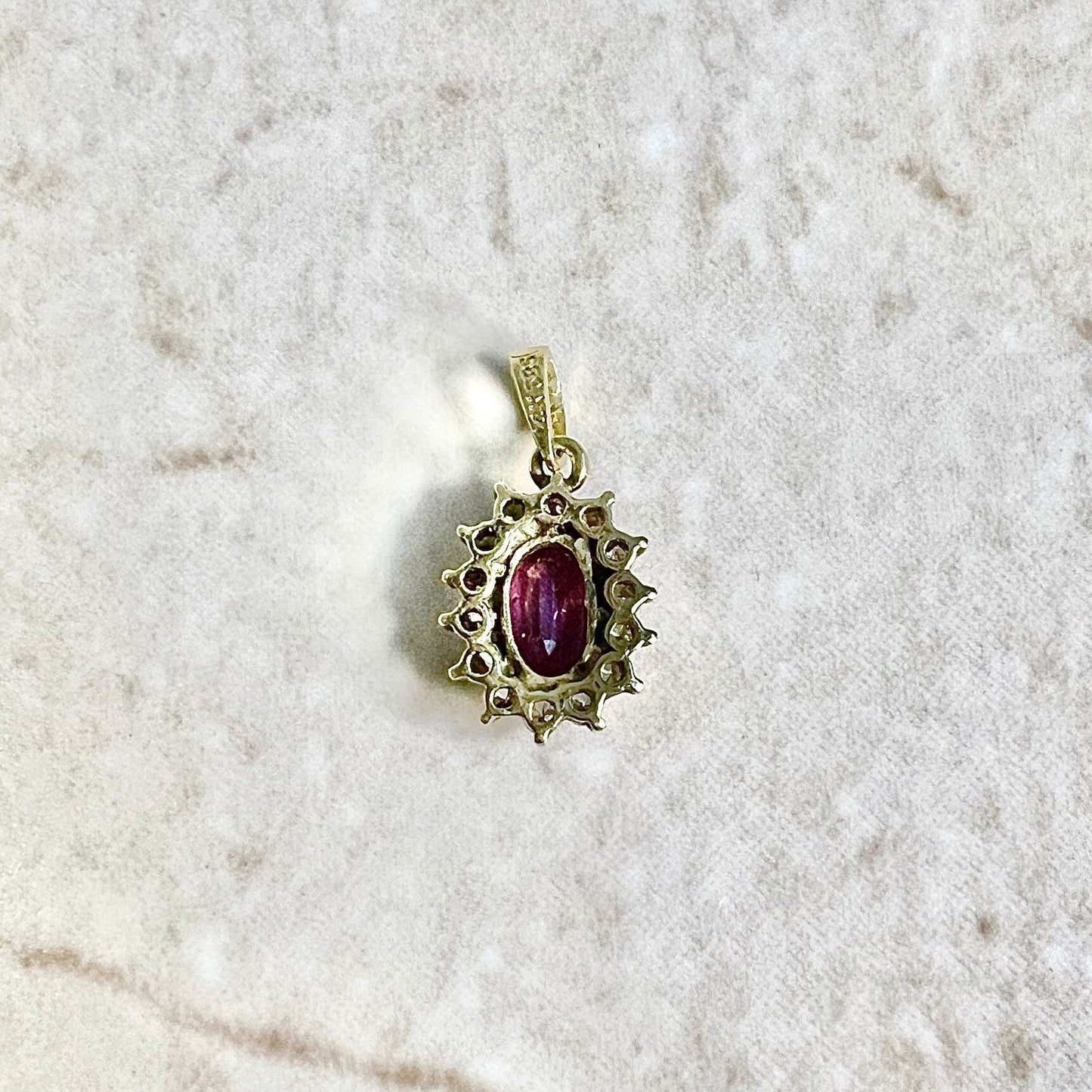 Vintage 14 Karat Yellow Gold Oval Ruby & Diamond Halo Pendant - WeilJewelry