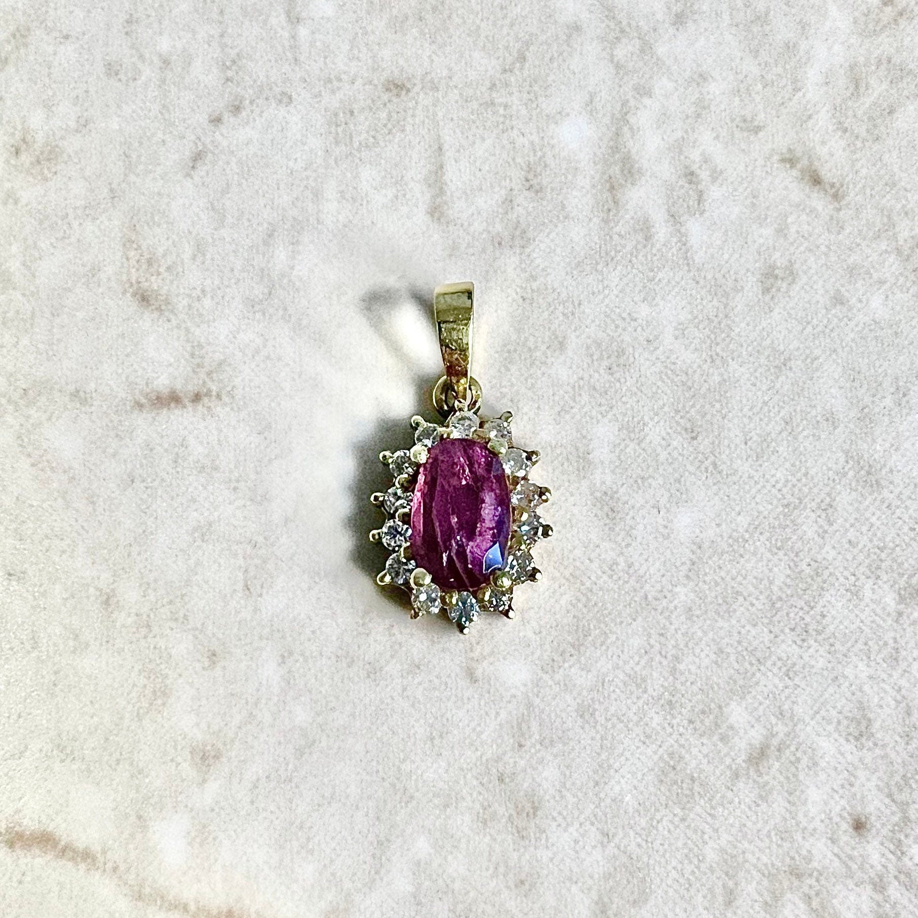 Vintage 14K Ruby & Diamond Halo Pendant Necklace - Yellow Gold Ruby Pendant - July Birthstone - Ruby Necklace - Birthday Gifts For Her