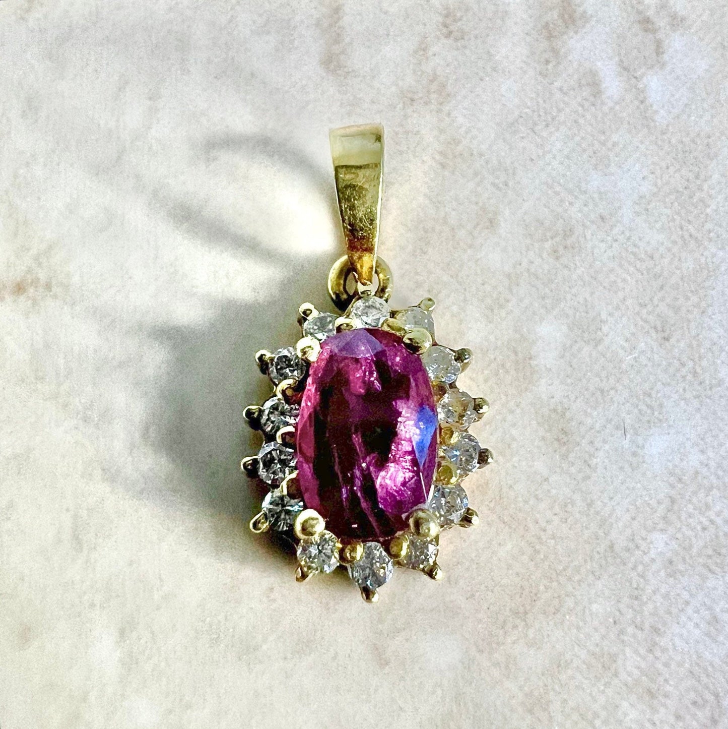 Vintage 14K Ruby & Diamond Halo Pendant Necklace - Yellow Gold Ruby Pendant - July Birthstone - Ruby Necklace - Birthday Gifts For Her