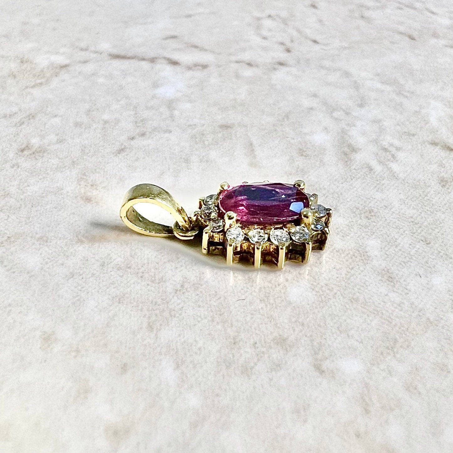 Vintage 14 Karat Yellow Gold Oval Ruby & Diamond Halo Pendant - WeilJewelry