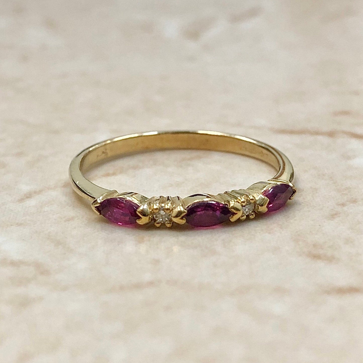 Vintage Ruby & Diamond Ring - 14K Yellow Gold - Genuine Gemstone - Marquise Rubies - July Birthstone - Size 6.5 - Mother’s Day Gift