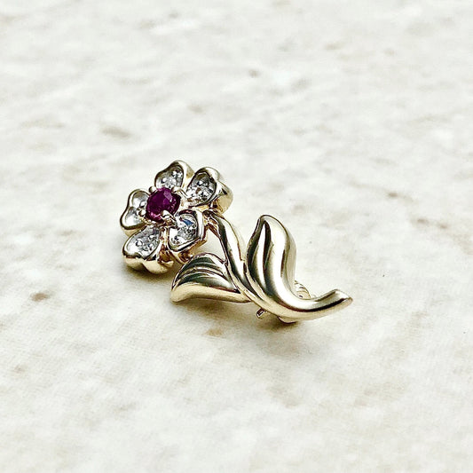 Vintage 14 Karat Yellow Gold Ruby Flower Brooch - WeilJewelry