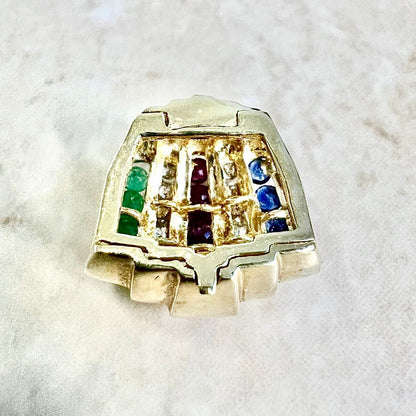 Vintage 14 Karat Yellow Gold Ruby, Sapphire, Emerald & Diamond Pendant - WeilJewelry