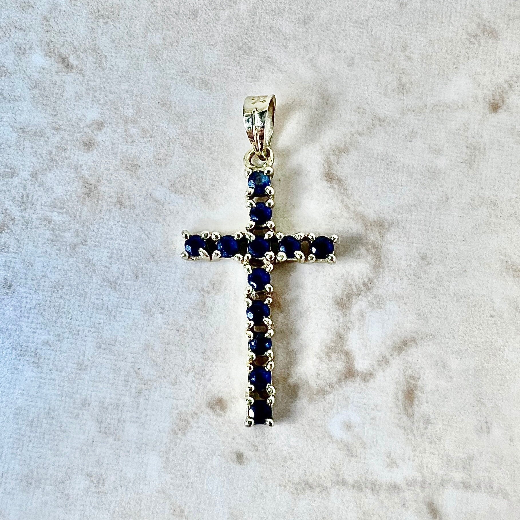 Vintage 14 Karat Yellow Gold Sapphire Cross Pendant - WeilJewelry