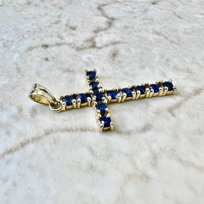 Vintage 14 Karat Yellow Gold Sapphire Cross Pendant - WeilJewelry