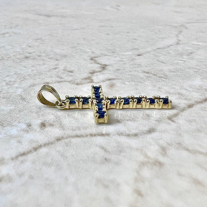 Vintage 14 Karat Yellow Gold Sapphire Cross Pendant - WeilJewelry