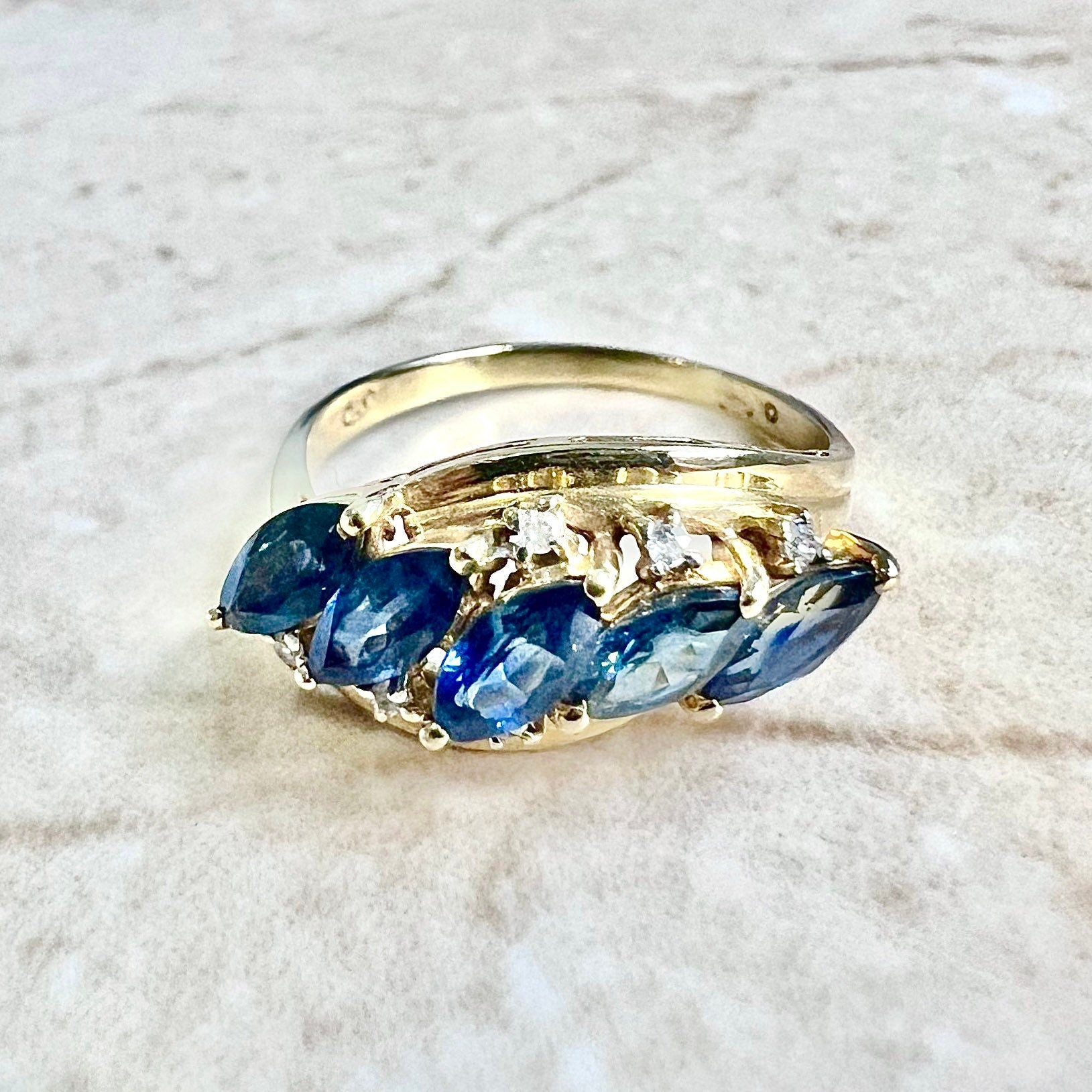 Vintage 14 Karat Yellow Gold Sapphire & Diamond Band Ring - WeilJewelry