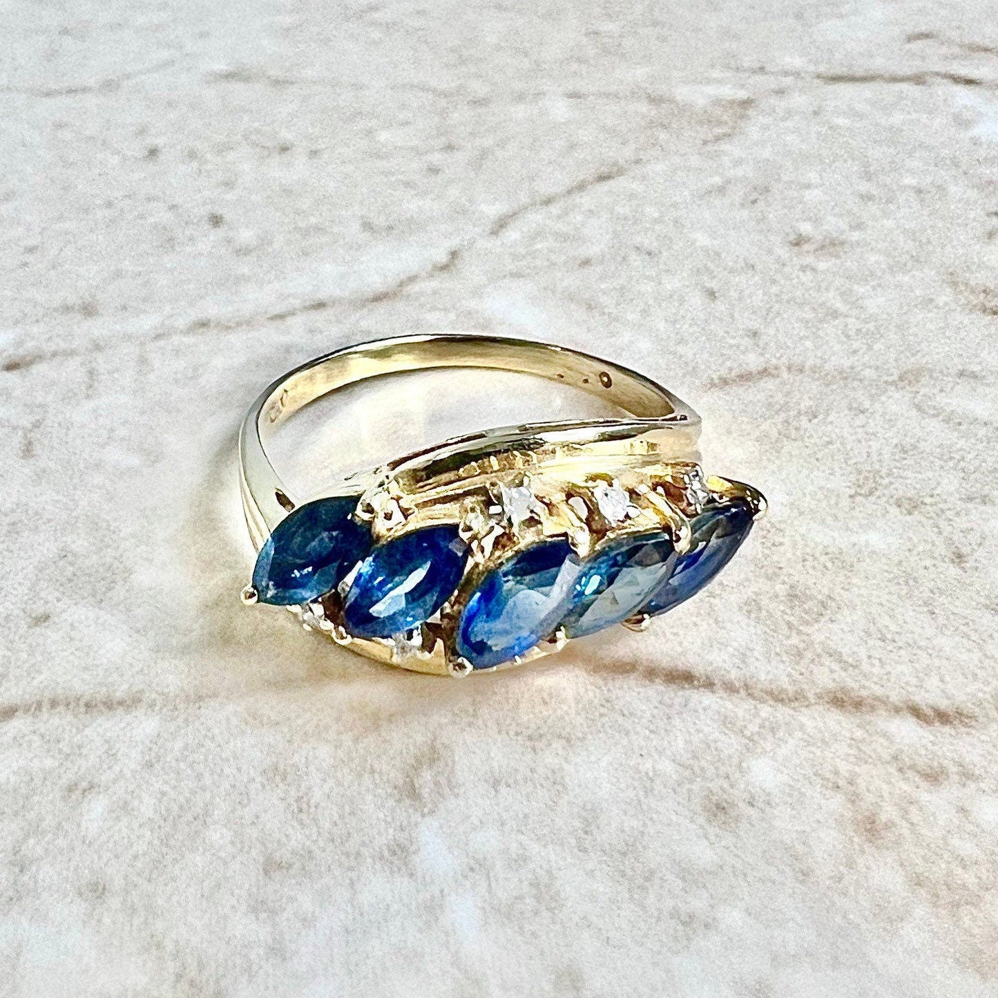 Vintage 14K Diamond & Sapphire Band Ring - Yellow Gold Sapphire Ring - Cocktail Ring - September Birthstone -Birthday Gift-Best Gift For Her